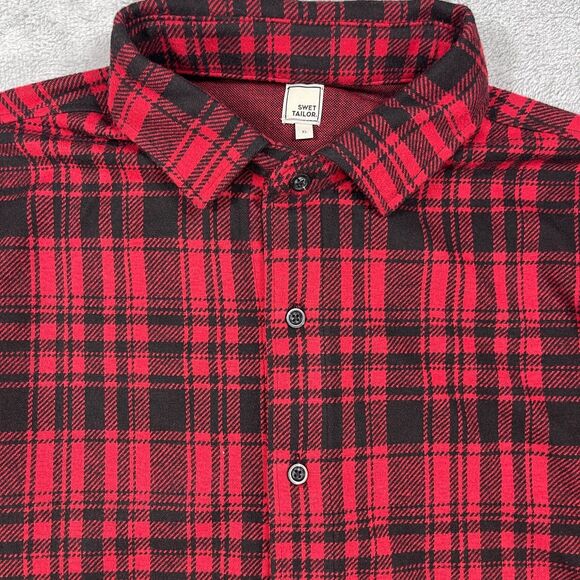 Swet Tailor Shirt Men XL Red Black Flannel Plaid Stretch Knit Collared Button-Up - Picture 3 of 12
